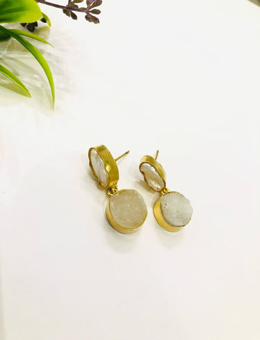 Mother Pearl With White Raw Stone Earrings